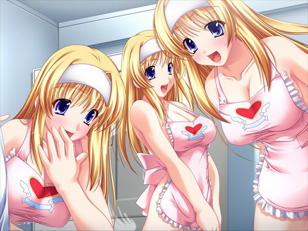 Anime picture 1024x768 with suisui -sweetheart swimmer (game) long hair open mouth blue eyes light erotic blonde hair multiple girls game cg naked apron girl 3 girls apron