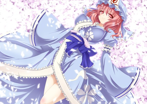 Anime picture 2040x1440 with touhou saigyouji yuyuko negamaro single highres short hair red eyes pink hair lying girl flower (flowers) hat belt
