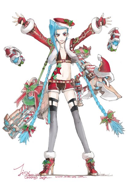 Anime picture 849x1200 with league of legends jinx (league of legends) loiza single tall image looking at viewer breasts simple background red eyes white background blue hair very long hair bare belly midriff flat chest christmas merry christmas girl thighhighs navel