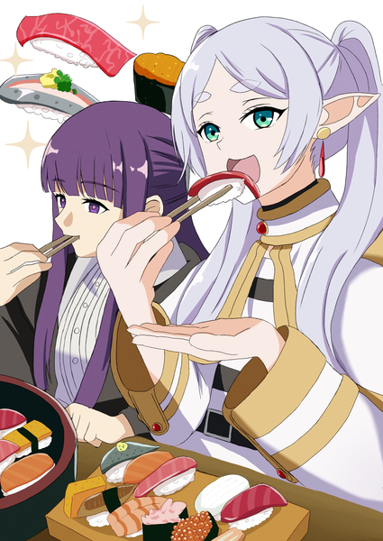 Anime picture 2508x3541 with sousou no frieren frieren fern (sousou no frieren) kinomiki long hair tall image highres open mouth purple eyes twintails multiple girls green eyes looking away silver hair purple hair :d pointy ears eyebrows elf eating