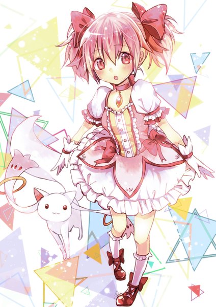 Anime picture 1000x1414 with mahou shoujo madoka magica shaft (studio) kaname madoka sazanami shione tall image looking at viewer blush fringe open mouth simple background twintails pink hair pink eyes puffy sleeves short twintails girl dress gloves bow hair bow