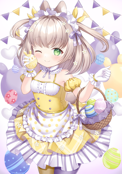 Anime picture 1764x2508 with original hajime yo single tall image looking at viewer blush fringe highres short hair smile brown hair green eyes animal ears one eye closed from above loli easter girl gloves white gloves