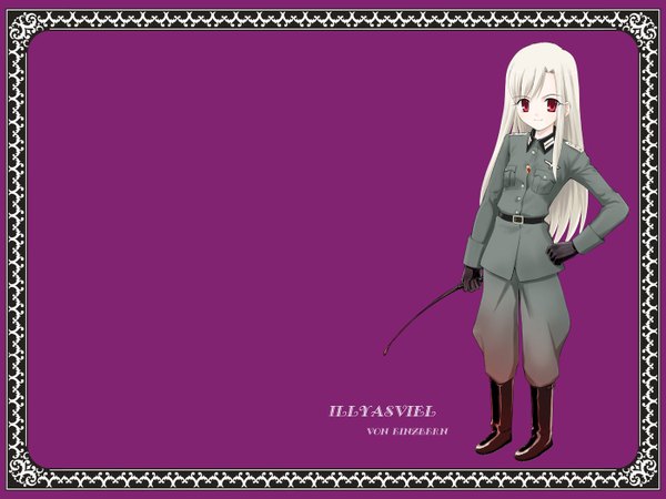 Anime picture 1400x1050 with fate (series) fate/stay night studio deen type-moon illyasviel von einzbern shirotsumekusa long hair looking at viewer smile white hair pink eyes inscription hand on hip cosplay purple background girl uniform