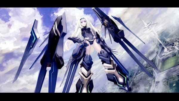 Anime picture 1414x800 with infinite stratos 8bit cecilia orcott blueman single light erotic blonde hair smile wide image purple eyes sky cloud (clouds) letterboxed hands on hips girl underwear panties building (buildings) mecha