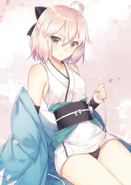 Anime picture 707x1000 with fate (series) fate/grand order type-moon okita souji (fate) (all) okita souji (koha-ace) keito (kazamatuli) senoo aoi single tall image looking at viewer blush fringe short hair light erotic sitting yellow eyes pink hair traditional clothes japanese clothes light smile