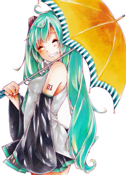 Anime picture 868x1206 with vocaloid hatsune miku kawana (spicaboy) single long hair tall image blush simple background smile white background twintails bare shoulders ahoge eyes closed aqua hair girl detached sleeves umbrella
