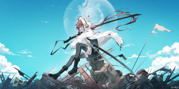 Anime picture 2800x1400 with original qian ye (qys3) qys3 single long hair fringe highres blue eyes hair between eyes brown hair wide image sitting holding signed animal ears looking away sky cloud (clouds) full body ahoge