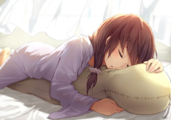 Anime picture 988x699 with original purinpu single long hair fringe brown hair lying eyes closed parted lips barefoot wind depth of field low ponytail on stomach sleeping pillow hug girl window pillow curtains