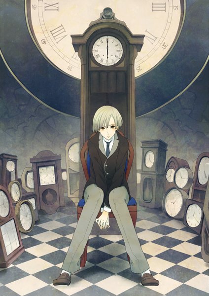 Anime picture 1000x1414 with original etomai single tall image looking at viewer short hair blonde hair sitting yellow eyes checkered floor boy necktie chair clock gears pendulum clock