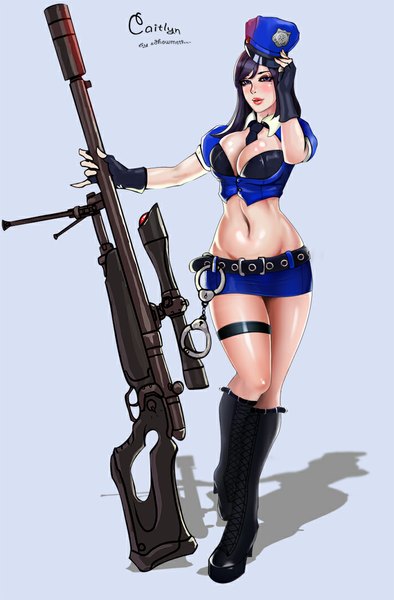 Anime picture 700x1066 with league of legends caitlyn (league of legends) officer caitlyn satiny (artist) single long hair tall image looking at viewer blush breasts light erotic black hair simple background large breasts purple eyes cleavage grey background shadow legs girl