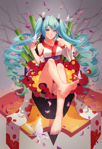 Anime picture 900x1309 with vocaloid hatsune miku atdan single tall image looking at viewer blush blue eyes light erotic twintails blue hair full body very long hair pantyshot legs drill hair girl underwear panties petals