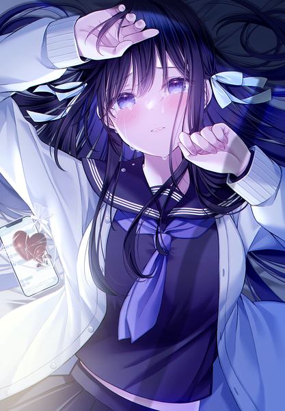 Anime picture 3086x4437 with original kuro namako single long hair tall image looking at viewer fringe highres black hair purple eyes absurdres lying long sleeves arms up on back tears valentine girl skirt uniform