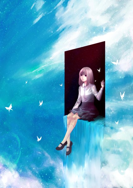Anime picture 3175x4492 with original lawlietxd single long hair tall image fringe highres blonde hair sitting absurdres sky cloud (clouds) black eyes waterfall girl skirt shirt water socks insect