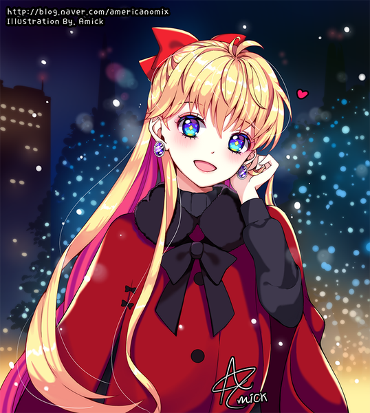 Anime picture 740x826 with bishoujo senshi sailor moon toei animation aino minako amick (americanomix) single long hair tall image looking at viewer blush fringe open mouth blue eyes blonde hair hair between eyes signed upper body outdoors :d adjusting hair girl