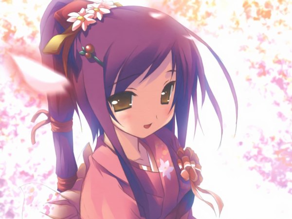Anime picture 1600x1200 with long hair blush highres smile brown eyes purple hair ponytail japanese clothes hair ornament flower (flowers) ribbon (ribbons) petals kimono hairclip