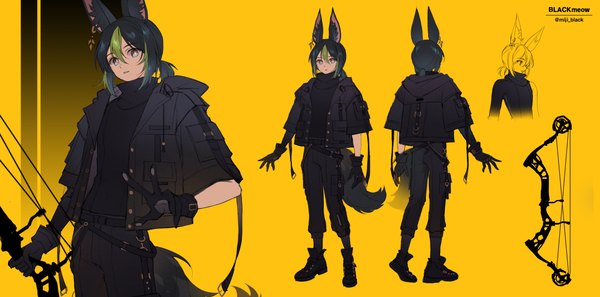 Anime picture 4040x2000 with genshin impact tighnari (genshin impact) miji black single looking at viewer highres short hair black hair simple background wide image standing animal ears tail animal tail multicolored hair alternate costume streaked hair low ponytail multiview yellow background
