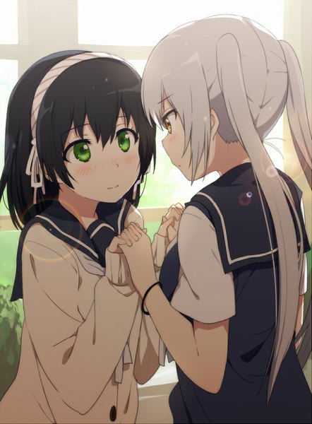 Anime picture 685x930 with original ogipote long hair tall image blush fringe short hair black hair twintails multiple girls brown eyes indoors grey hair short sleeves shoujo ai face to face eye contact girl uniform 2 girls