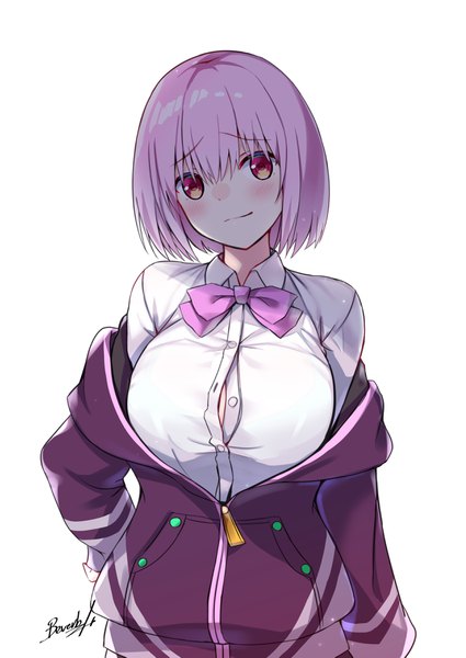 Anime picture 2508x3541 with gridman universe ssss.gridman studio trigger shinjou akane bee doushi single tall image looking at viewer blush highres short hair breasts light erotic simple background red eyes large breasts white background signed purple hair head tilt