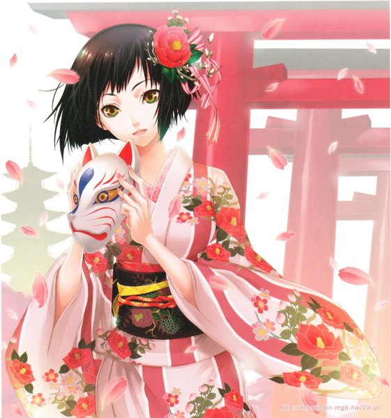 Anime picture 1518x1624 with original miogrobin single tall image short hair black hair traditional clothes japanese clothes hair flower inscription floral print multicolored eyes girl hair ornament petals kimono mask torii fox mask