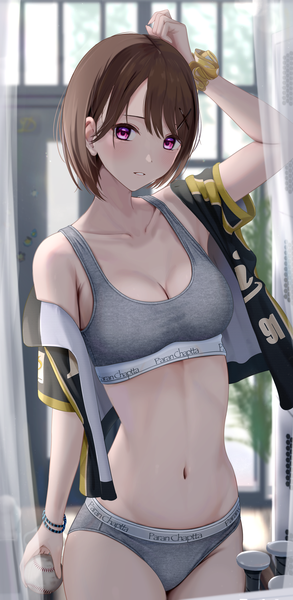 Anime picture 1500x3070 with original inaka 44 single tall image looking at viewer blush fringe short hair breasts light erotic brown hair standing holding cleavage indoors parted lips pink eyes arm up off shoulder open clothes
