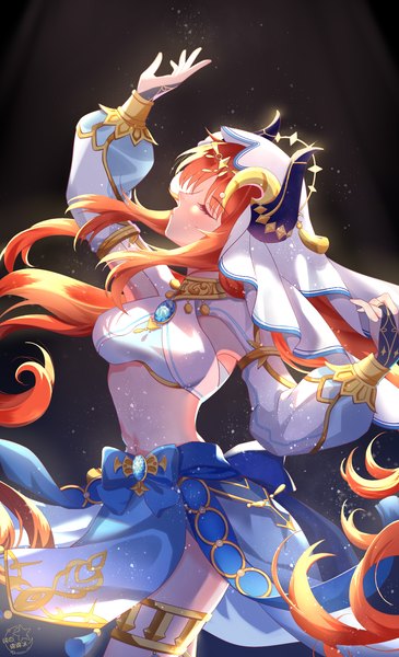 Anime-Bild 1280x2103 mit genshin impact nilou (genshin impact) milky ice single long hair tall image blush fringe breasts light erotic standing twintails signed red hair blunt bangs eyes closed long sleeves arm up horn (horns) low twintails