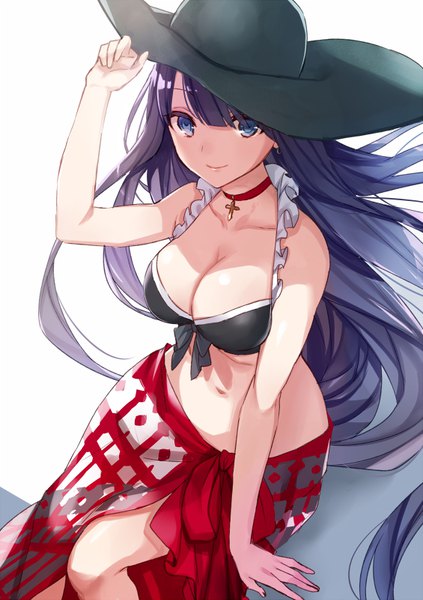 Anime-Bild 565x800 mit fate (series) fate/grand order martha (fate) martha (swimsuit ruler) (fate) yuzuki karu single long hair tall image looking at viewer fringe breasts blue eyes light erotic simple background smile hair between eyes large breasts white background sitting bare shoulders