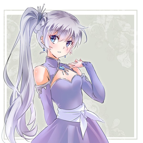 Anime picture 1280x1280 with rwby rooster teeth weiss schnee iesupa single long hair breasts blue eyes silver hair parted lips side ponytail scar outside border girl dress detached sleeves earrings jewelry sash