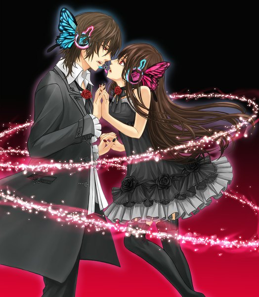 Anime picture 1000x1146 with vampire knight vocaloid studio deen magnet (vocaloid) cross yuki clan kaname long hair tall image fringe short hair open mouth red eyes brown hair standing bent knee (knees) profile fingernails gradient background glowing holding hands