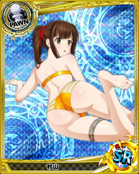 Anime picture 640x800 with highschool dxd murayama (high school dxd) single long hair tall image blush open mouth light erotic brown hair twintails brown eyes ass looking back barefoot :o card (medium) girl swimsuit bikini