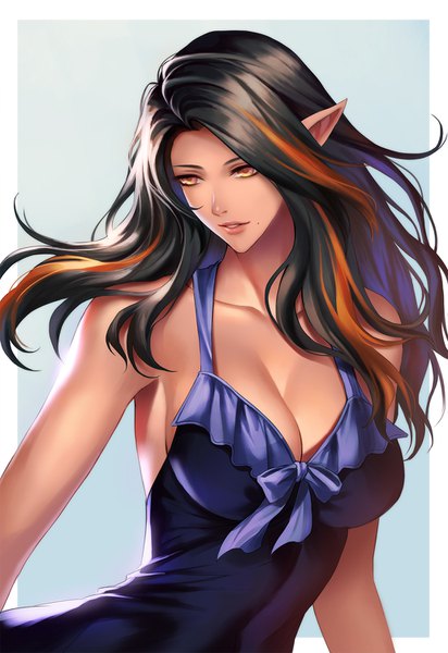 Anime picture 1032x1500 with final fantasy final fantasy xiv square enix elezen pengnangehao single long hair tall image breasts light erotic black hair looking away cleavage multicolored hair pointy ears orange hair mole orange eyes streaked hair mole under mouth