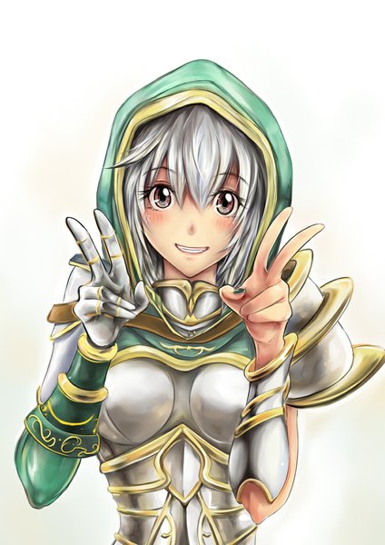 Anime picture 818x1157 with league of legends riven (league of legends) lancer0519 single tall image blush short hair simple background smile white background brown eyes silver hair girl armor hood