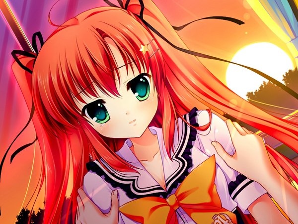 Anime picture 1024x768 with yuyukana takasaki honoka mitha long hair green eyes game cg red hair evening sunset girl ribbon (ribbons) hair ribbon