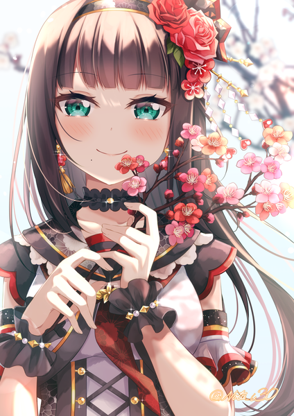 Anime picture 3541x5016 with love live! sunshine!! sunrise (studio) love live! kurosawa dia nota ika single long hair tall image looking at viewer blush fringe highres black hair holding green eyes signed absurdres upper body blunt bangs mole