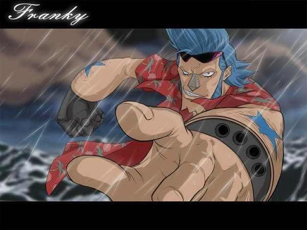 Anime picture 1024x768 with one piece toei animation franky meguro fukuzou single blue hair rain boy shirt sunglasses cyborg hawaiian shirt