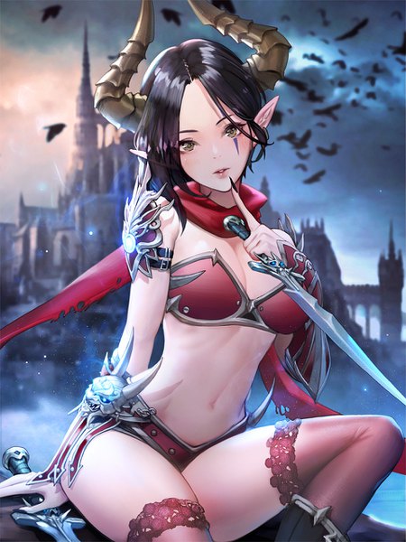 Anime picture 960x1280 with epic souls majo single tall image looking at viewer short hair light erotic black hair sitting brown eyes horn (horns) fingernails pointy ears blurry facial mark sharp fingernails girl thighhighs weapon scarf