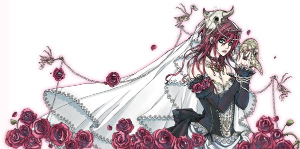 Anime picture 1327x663 with memento mori calliste (memento mori) poisoncage long hair looking at viewer wide image green eyes red hair lipstick skull and crossbones girl dress bow detached sleeves petals black dress rose (roses) jewelry necklace beads