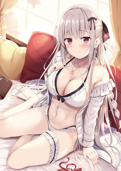 Anime picture 1433x2024 with melonbooks tomoo (tomo) single long hair tall image looking at viewer blush fringe breasts light erotic smile red eyes large breasts sitting payot silver hair blunt bangs long sleeves barefoot arm support