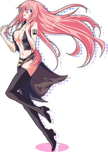 Anime picture 1000x1400 with vocaloid megurine luka tokiomikio single long hair tall image breasts light erotic simple background white background purple eyes bare shoulders pink hair girl thighhighs navel black thighhighs vest