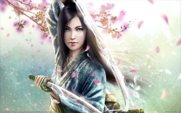 Anime picture 2560x1600 with legend of the five rings mirumoto kei mario wibisono (raynkazuya) long hair highres black hair wide image holding brown eyes japanese clothes lips realistic wallpaper cherry blossoms dual wielding girl weapon petals sword kimono