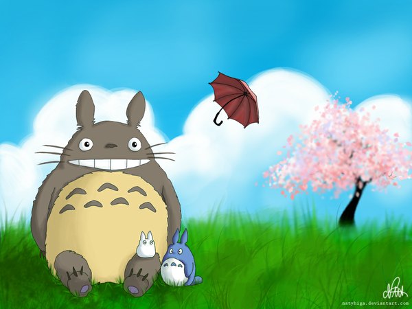 Anime picture 1024x768 with tonari no totoro studio ghibli totoro chibi totoro cherry blossoms