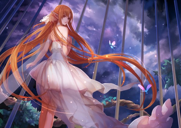 Anime picture 1500x1060 with sword art online a-1 pictures yuuki asuna titania (alo) ask (askzy) single long hair looking at viewer standing bare shoulders sky cloud (clouds) very long hair wind pointy ears orange hair sparkle orange eyes night sky girl