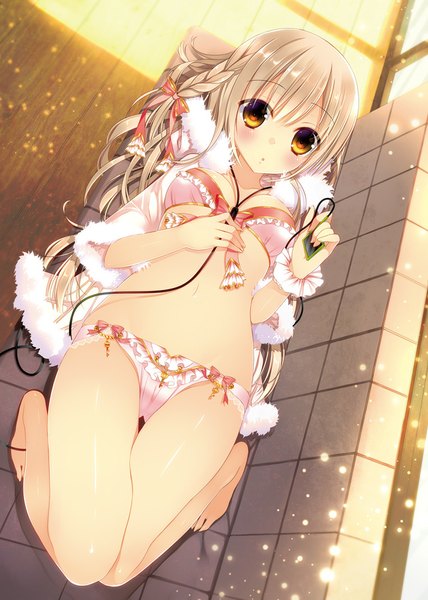 Anime picture 713x1000 with original ipod yadapot single long hair tall image looking at viewer blush light erotic blonde hair yellow eyes underwear only girl navel underwear panties bow hair bow lingerie bra