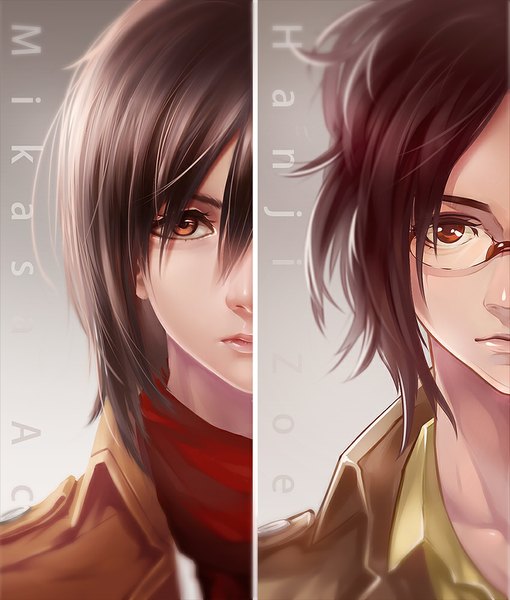 Anime picture 850x1000 with shingeki no kyojin production i.g mikasa ackerman hange zoe tpip (aixuan) tall image looking at viewer short hair red eyes brown hair multiple girls inscription orange eyes multiview girl 2 girls glasses scarf red scarf