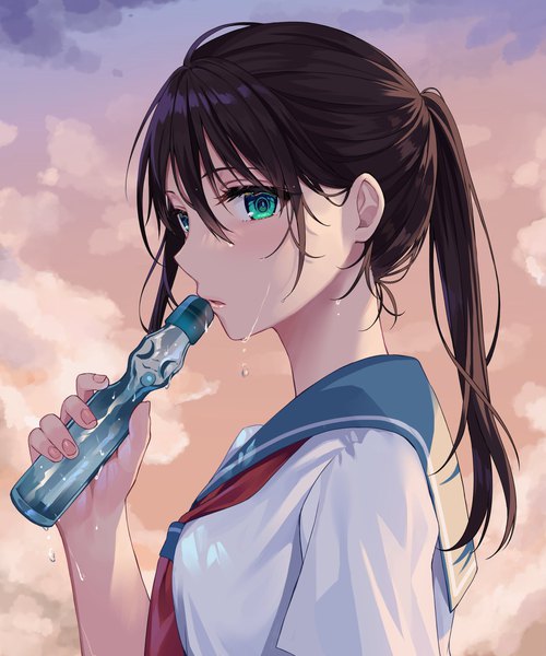 Anime picture 1706x2048 with original hizuki higure single long hair tall image looking at viewer blush fringe highres open mouth hair between eyes brown hair holding sky cloud (clouds) upper body ponytail profile aqua eyes sweatdrop