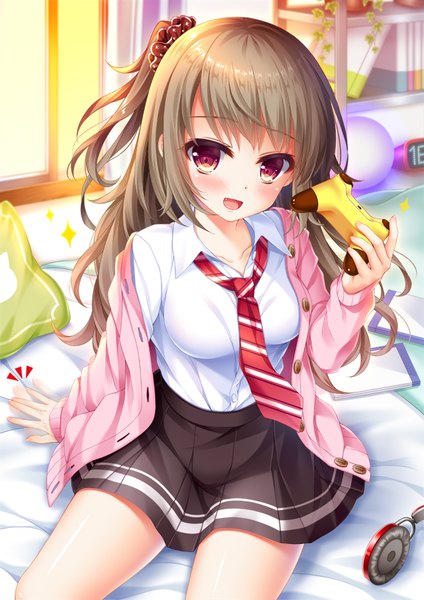 Anime picture 636x900 with original moe2019 shitou single long hair tall image looking at viewer blush fringe breasts open mouth smile red eyes brown hair sitting holding payot indoors head tilt :d