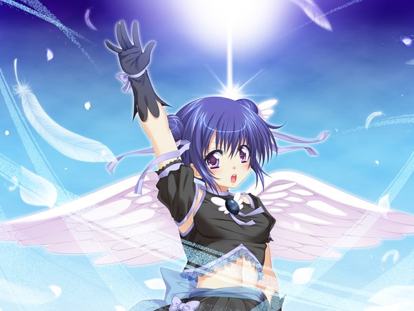Anime picture 1024x768 with futari wa my angel blush short hair open mouth purple eyes blue hair game cg girl dress gloves wings feather (feathers)