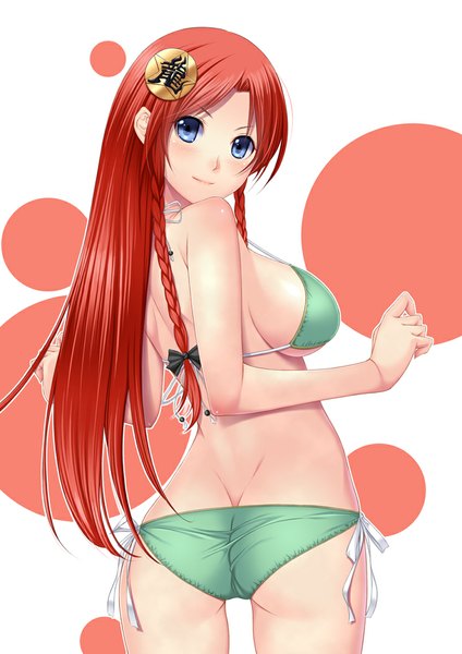 Anime picture 744x1052 with touhou hong meiling chiro (pixiv) single long hair tall image looking at viewer blush breasts blue eyes light erotic ass red hair braid (braids) looking back girl hair ornament swimsuit bikini