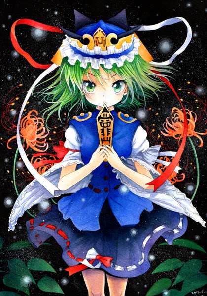 Anime picture 1049x1500 with touhou shikieiki yamaxanadu mosho single tall image looking at viewer blush short hair signed green hair traditional media watercolor (medium) girl flower (flowers) ribbon (ribbons) plant (plants) hat higanbana rod of remorse