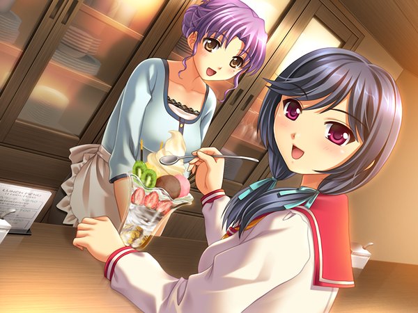 Anime picture 1200x900 with fukubiki! triangle arihoro miyako shinonome nozomi open mouth multiple girls yellow eyes game cg purple hair pink eyes girl 2 girls serafuku food sweets ice cream