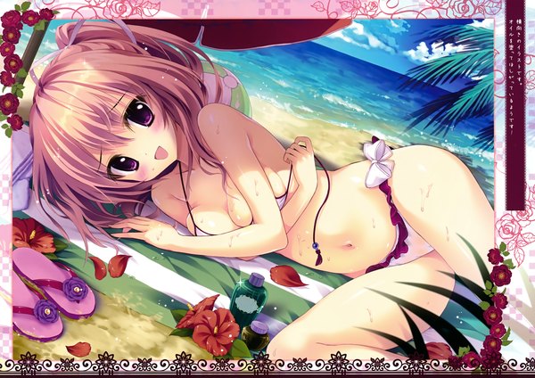 Anime picture 3500x2475 with prismatic world (artbook) shiramori yuse single long hair blush highres breasts open mouth light erotic brown hair purple eyes absurdres sky cloud (clouds) lying scan beach girl navel flower (flowers)